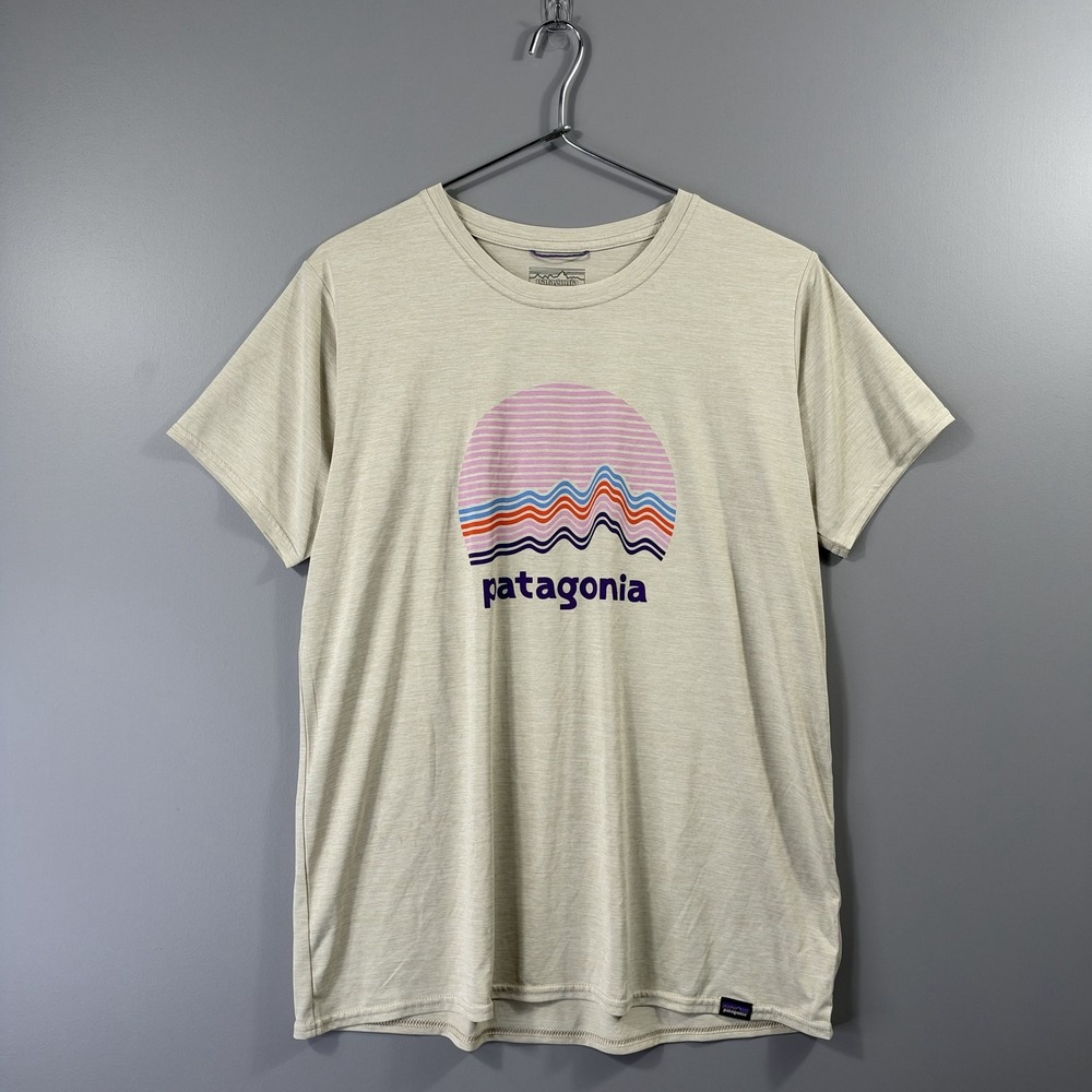 Patagonia Shirt Mens Large Beige Capilene Cool Daily Mountain Sun Graphic Tee